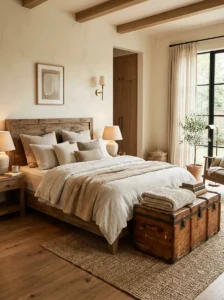 Decorative storage trunk in a cozy bedroom