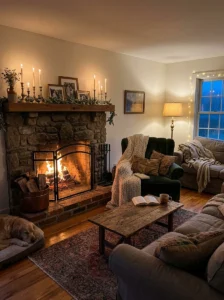 Cozy fireplace creating a warm living room focal point