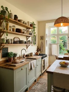 Relaxed cozy kitchen with open shelving and warm decor