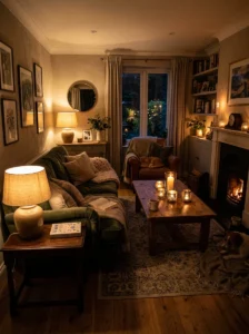 Warm ambient lighting in a cozy evening living room