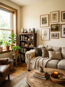 Thrifted decor styling in a warm cozy living room