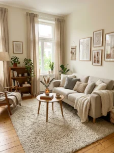 Oversized rug making a small living room feel bigger