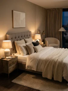 Soft warm lighting around a cozy luxury hotel-style bed