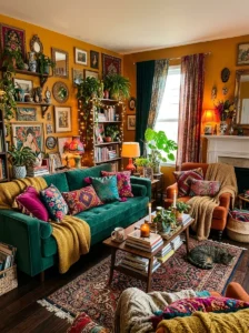 Cozy and bold elements in maximalist interior