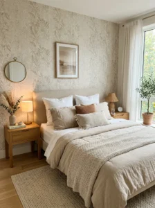 Peel-and-stick wallpaper behind a cozy neutral bed