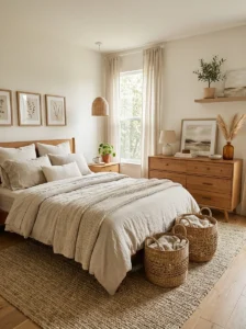 Woven baskets used as stylish bedroom storage