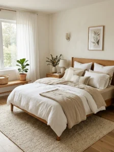 Neutral hotel-style bed with crisp layered sheets