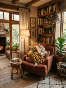 Cozy reading corner in an earthy living room