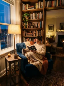 Cozy reading corner in a warm living room