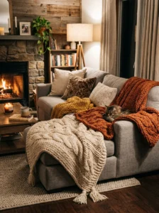 Soft throw blankets layered on a cozy living room sofa
