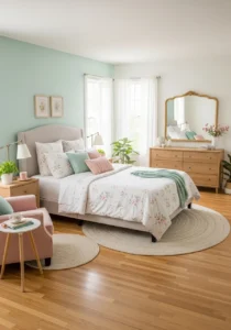 Bedroom with soft table lamp lighting, cozy nighttime room atmosphere