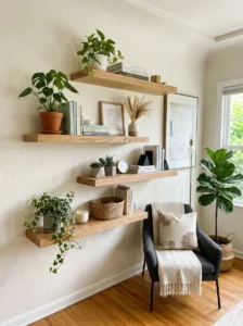 DIY floating shelves styled with plants and modern decor