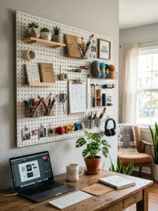 DIY pegboard wall organizer in a modern workspace
