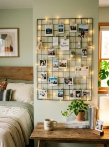 DIY wall grid display with photos and fairy lights