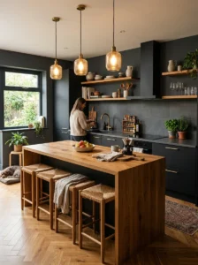 Natural wood accents warming up a dark kitchen