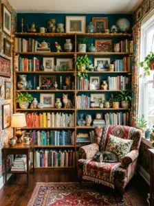 Collections displayed in maximalist home
