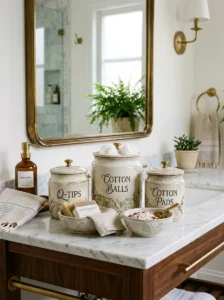 Decorative containers organizing bathroom vanity essentials