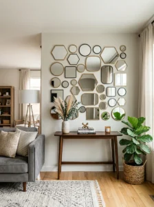 DIY decorative mirror wall in a modern home interior