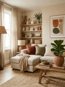 Natural stone surfaces in an earthy living room