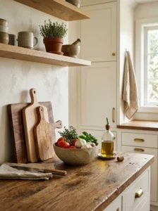 Lightly styled countertops in earthy kitchen