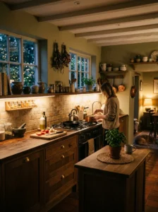 Warm ambient lighting in earthy kitchen