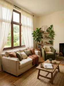 Sheer curtains in a warm earthy living room