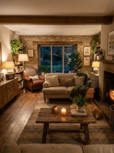 Soft ambient lighting in a cozy earthy living room