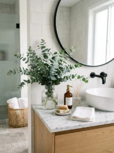Greenery and eucalyptus stems decorating a bathroom vanity