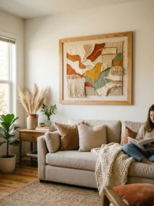 Framed fabric wall art adding texture to a cozy room