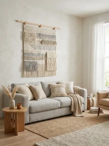 Neutral fabric wall hanging in a modern cozy interior