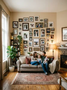 Family photos and artwork decorating a cozy living room