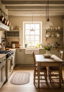 Neutral farmhouse kitchen color palette with rustic charm