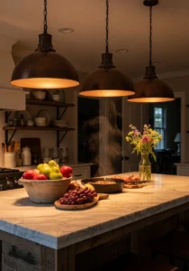 Pendant lighting above farmhouse kitchen island