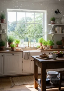 Natural greenery adding freshness to farmhouse kitchen