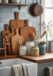 Lightly styled countertops in farmhouse kitchen