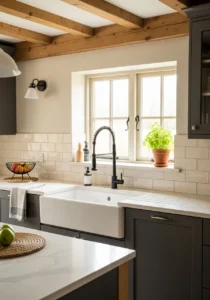 Glass cabinet doors in farmhouse kitchen design