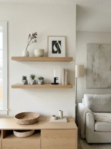 Floating shelves with modern minimalist wall decor styling