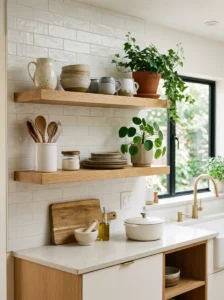 Floating shelves styled in modern kitchen