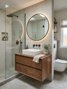 Floating vanity in a modern small bathroom remodel