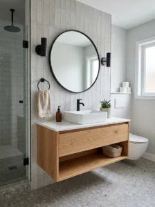 Floating vanity creating more space in a small bathroom