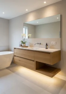 Wood vanity adding warmth to master bathroom