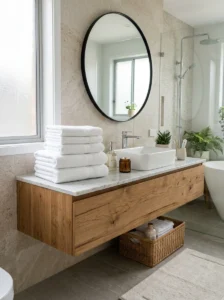Folded towels styled on a luxury bathroom vanity