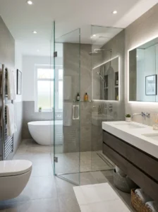 Frameless glass shower in a modern minimalist bathroom