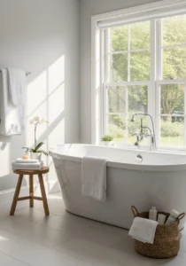 Freestanding tub in cozy spa-like bathroom