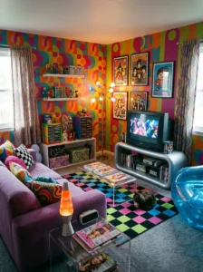 Funky patterned decor in a retro Y2K living room