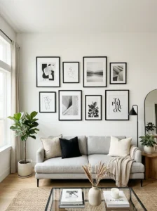 Minimal gallery wall with modern black frames in a clean living room