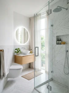 Glass shower doors opening up a small bathroom space