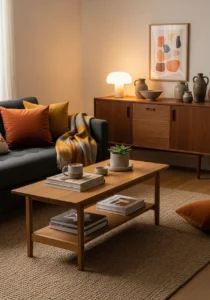 Warm wood furniture around dark grey couch