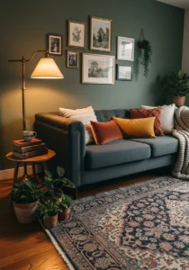 Vintage-inspired decor styling with dark grey couch