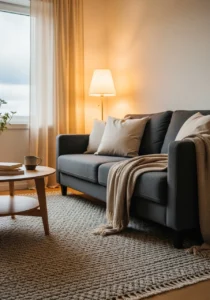 Dark grey couch with layered cream and beige textures